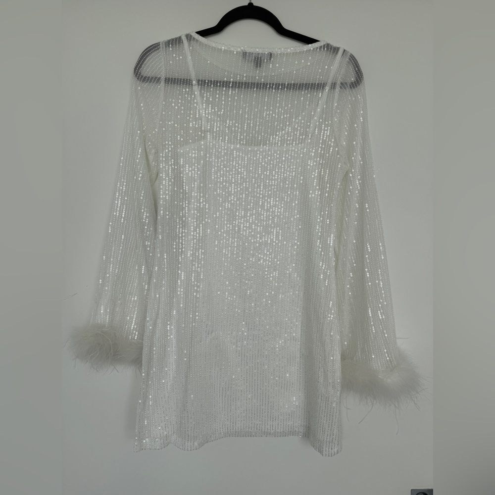 Lulus White Sequin Mini Dress with Feather Cuffs